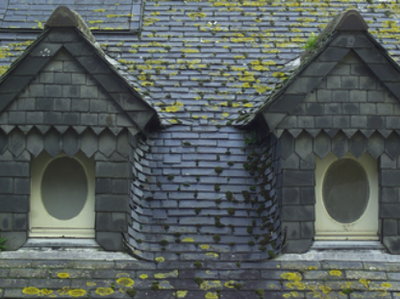 An old fashioned roof with wooden tiles and scatterings of moss that desperately needs a roof cleaning service.
